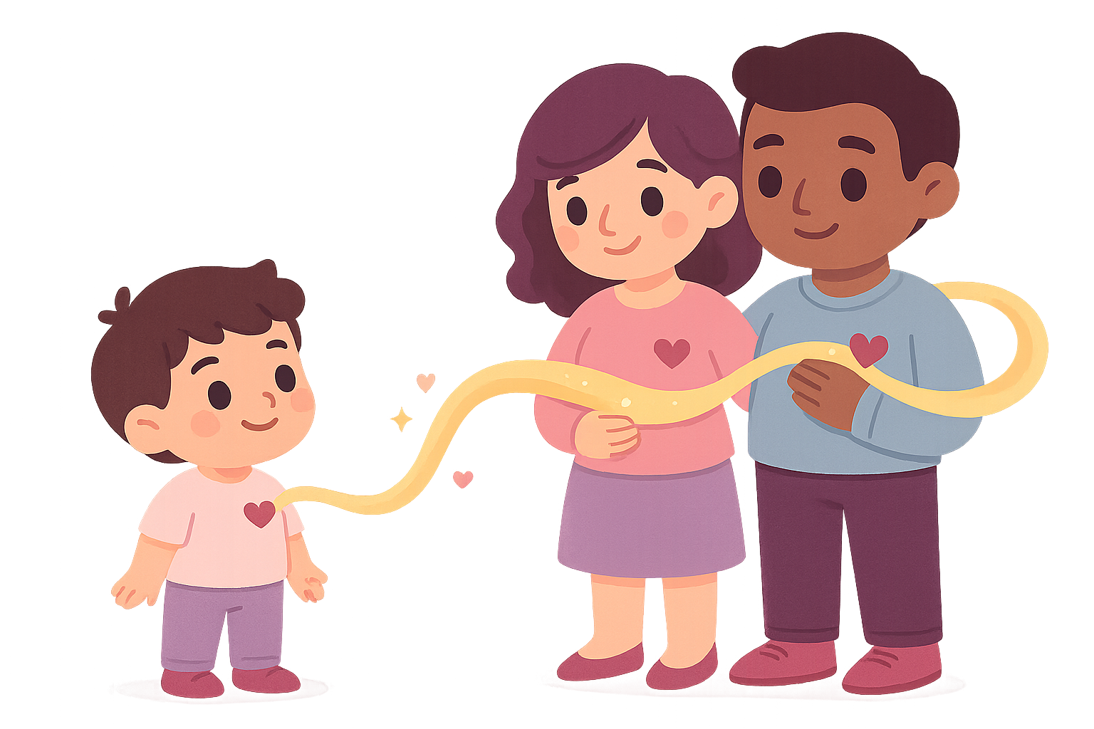 Ilustrace rodiny - dítě a rodiče propojeni zlatou stuhou symbolizující cestu k náhradnímu rodičovství